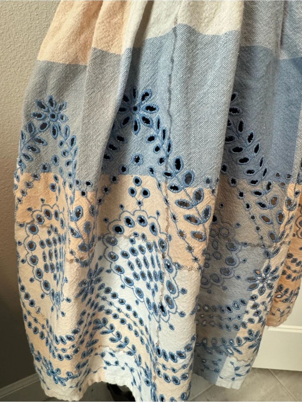 Anthropologie Embroidered Eyelet Apron – Blue & Ivory Boho